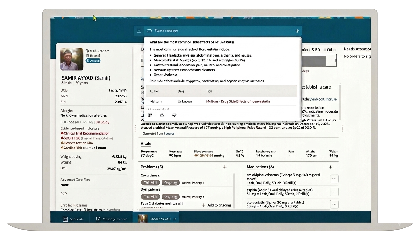 Embedded AI assistant answering a clinical question about medication side effects with a cited source